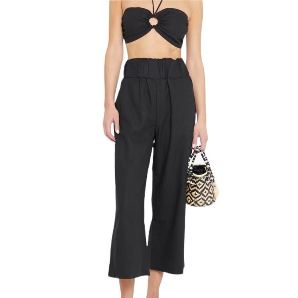 Kourt Willow 2 Pc High Waist Linen Blend Black Pants Top Summer Vacation Sz L